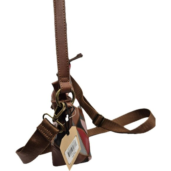 Frye & Co. Geometric Patchwork Leather Crossbody Shoulderbag Purse Brown Brass - Picture 10 of 14